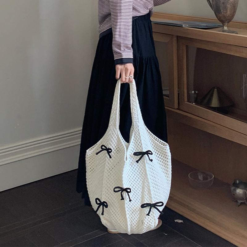 Women Crochet Tote Candy Bag Fashion Knitted Large Capacity Woven Shoulder Bags Solid Color Simple Shopping Bag for Summer Beach CLE