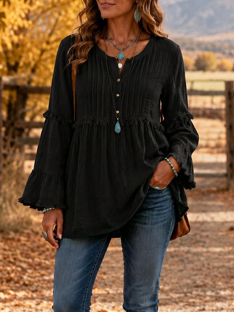 Women V Neck Ruffle Sleeve Blouse Casual Loose Fit Frill Tunic Top