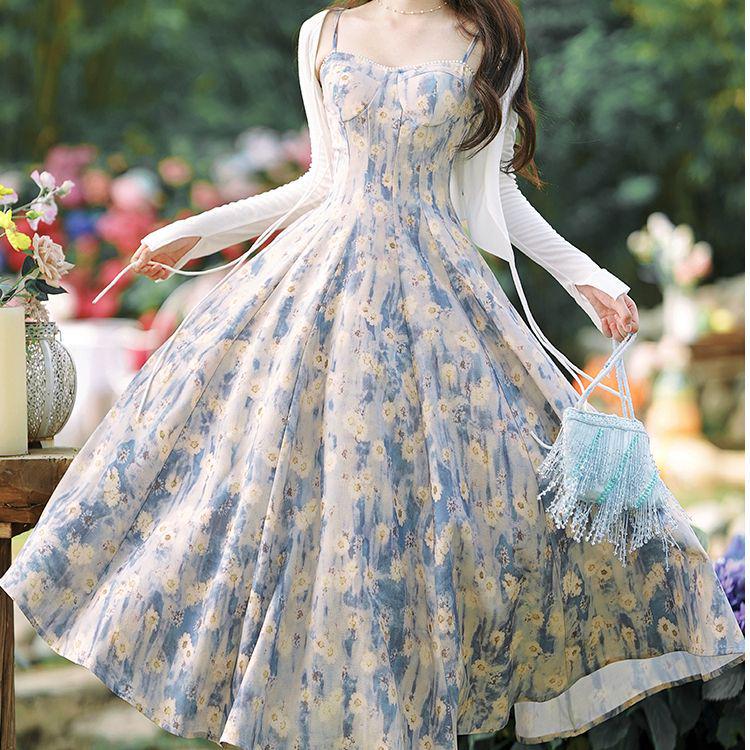 Women's French Blue Floral Strappy Maxi Dress & Waist-Cinched Skirt Cardigan Set - New Arrival for Spring/Summer 2026.