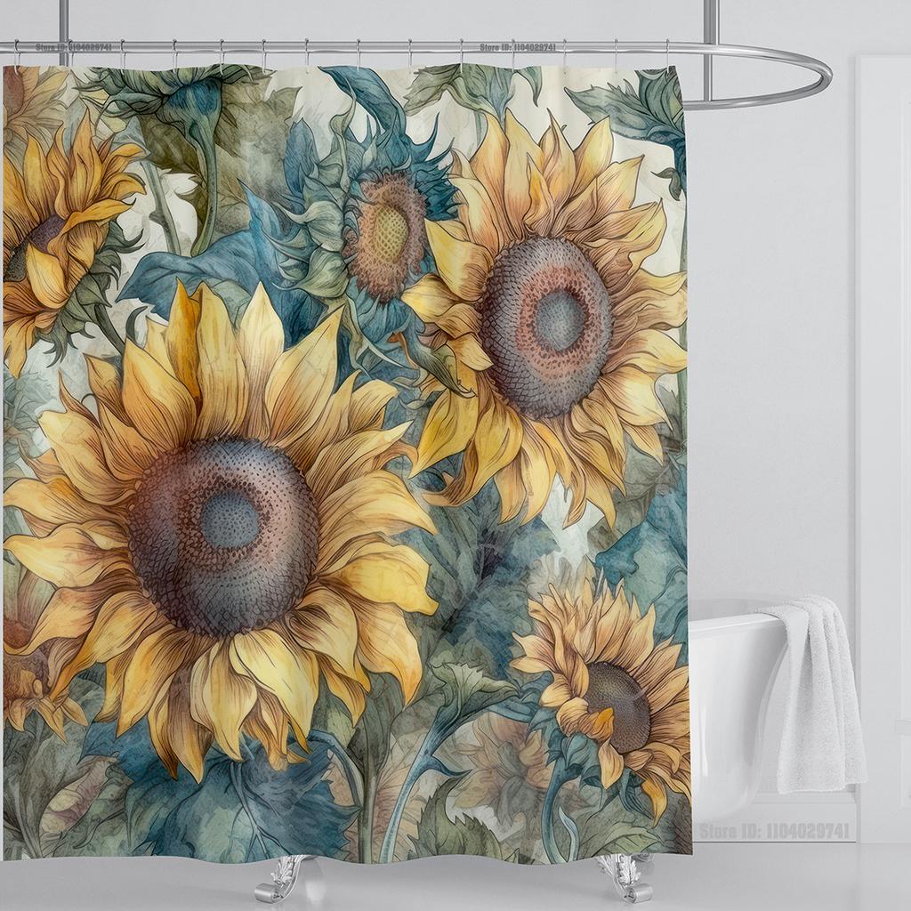 Sunflower Flower Shower Curtain Waterproof Shower Curtain Polyester Fabric 3D Printed Curtain Bathroom Decoration With Hooks