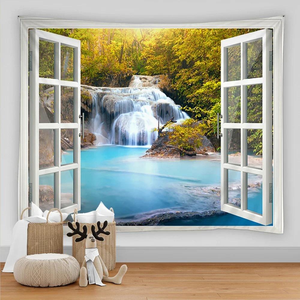 Bohemian Style 3D Window View Decorative Tapestry Hippie Wall Decoration Tapestry Bedroom Dormitory