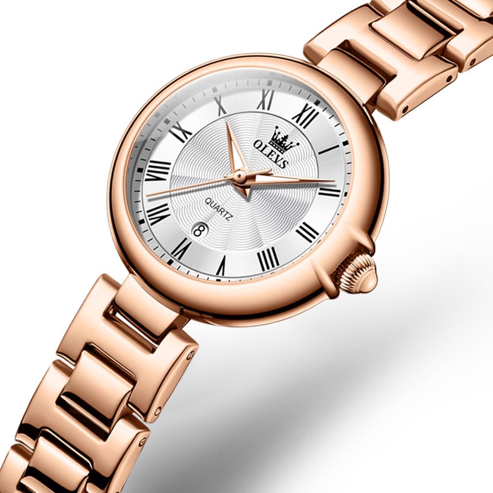 OLEVS Women's Quartz Watch, Cute, Lightweight, Stainless Steel, Waterproof, Luminous, Gift, Rose Gold & White