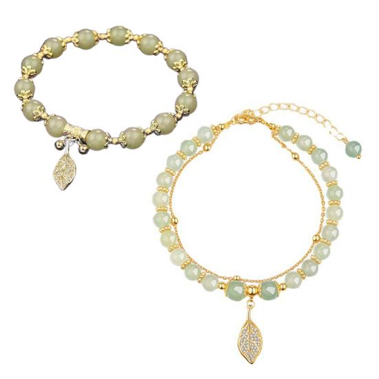 Brățară pentru femei pandantiv frunze cu strasuri, în două straturi, lungime reglabilă, jad artificial, culoare contrastantă netedă, lux