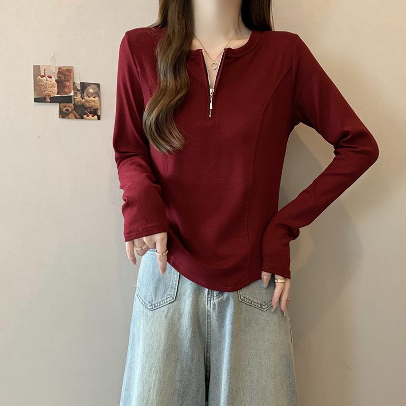 2026 Spring Plus Size Women's Korean-Style Half-Zip Slimming Long-Sleeve Top