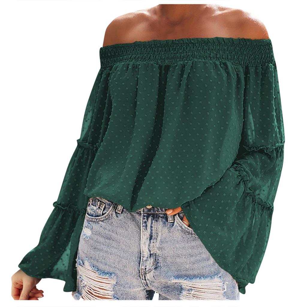 Fashion Flared Long-sleeved Chiffon Off-the-shoulder Neckline Hollow Loose Top