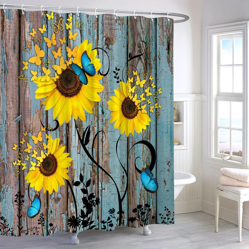 Rustic Sunflower Flower Butterfly Print Shower Curtain Vintage Floral Botanical Polyester Fabric Shower Curtains Bathroom Decor