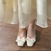 Square Head High Heels Women's Bag Head Empty Sandals Flower Thick Heel Gentle Wind Bow Middle Heel Single Shoes with Skirt