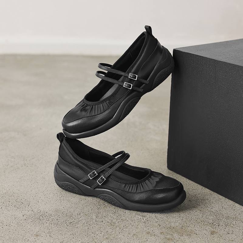 Krazing Pot Dámské tenisky s kulatou špičkou a středním podpatkem z hovězí kůže, s přezkami a pásky