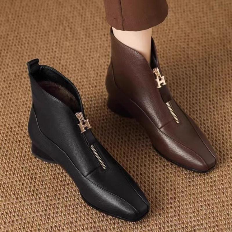 Leather Ankle Boots Women - French Style Zip Front Fashion Boots Slip-Resistant Plush Lined Winter Warm Shoes