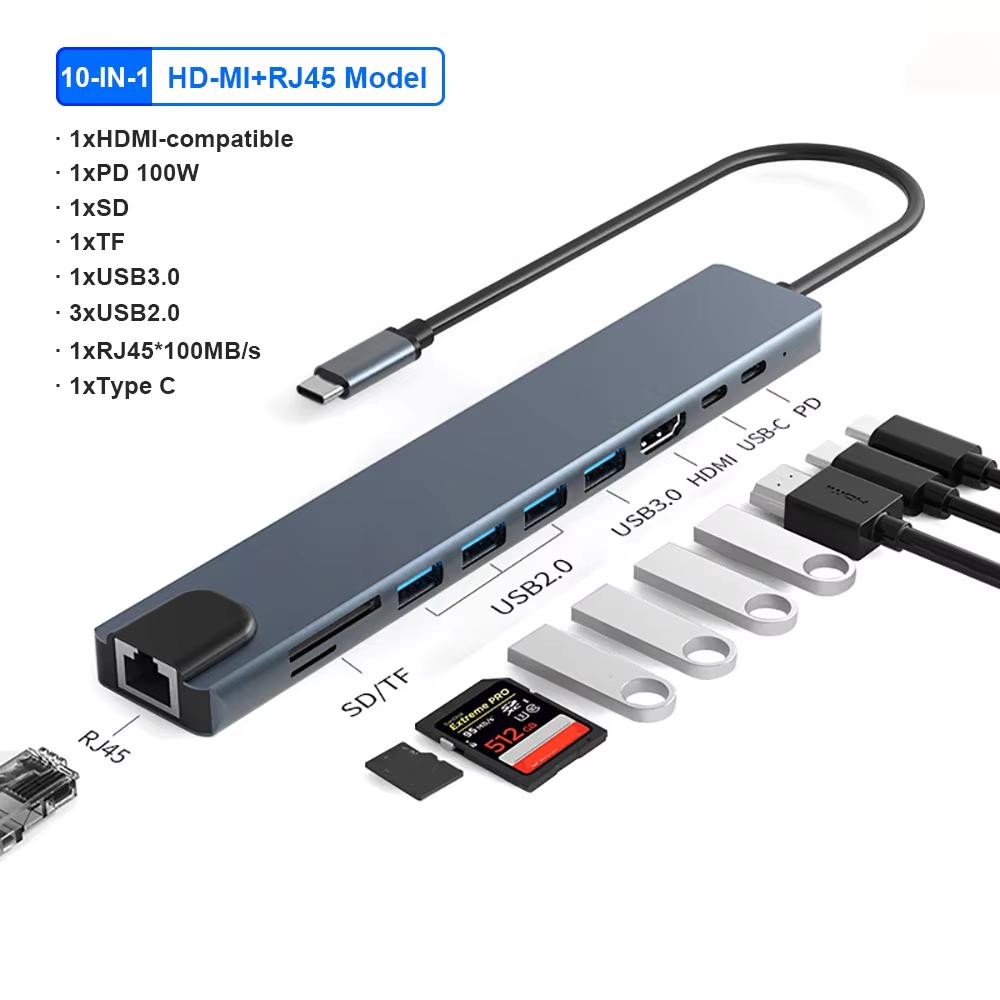 

KEBIDUMEI 10 Ports USB C Docking Station 4xUSB Ports for Mouse Keyboard U Disk Hard Drive USB C to HDMI RJ45 Ethernet Adapter