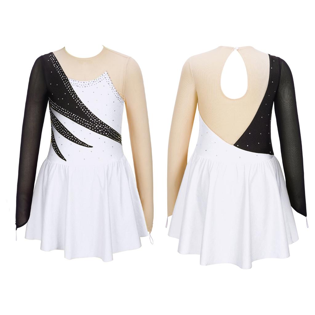 Kids Girls Long Sleeve Sparkling Rhinestone Decor Hollow Back Gymnastics Dance Skating Dresses