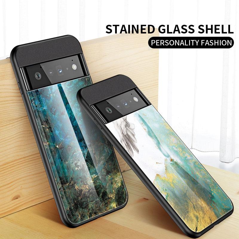

For Google Pixel 7 Pro 5G Marble Pattern Protective Phone Case Tempered Glass+PC+TPU Shockproof Shell Gold Black Marble