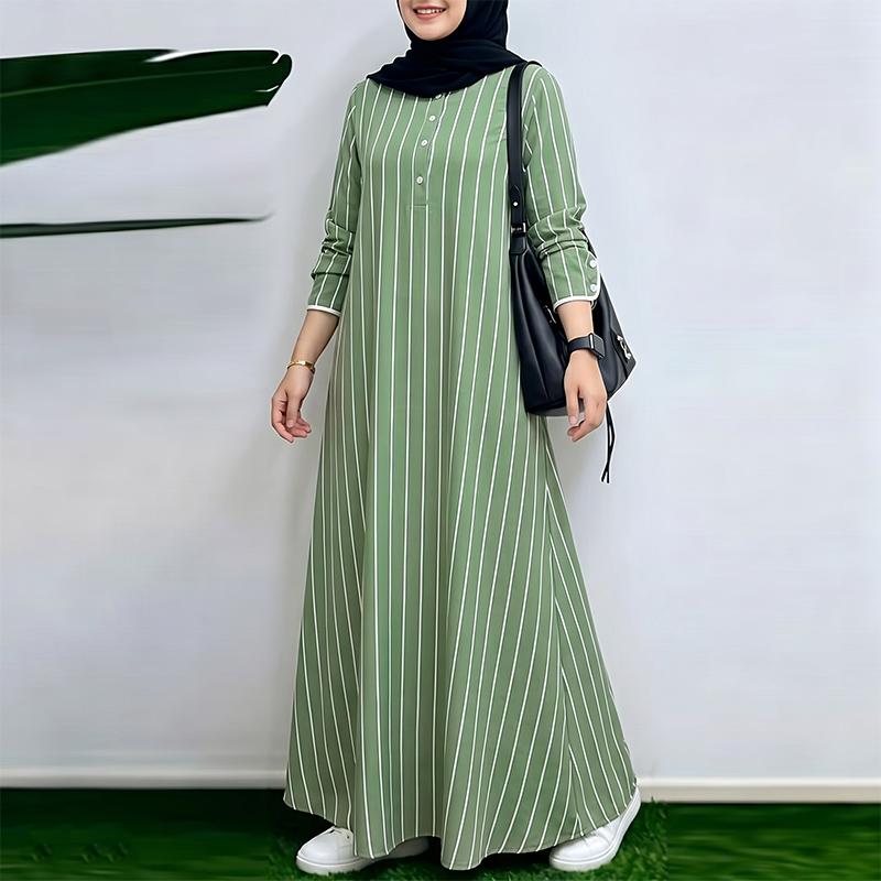 ZANZEA Women Muslim Casual Round Neck Loose Long Sleeve Stripe Print Long Dress