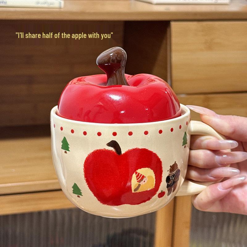 Apple Ceramic Mug with Lid & Spoon - Cute Office & Breakfast Cup, Perfect Birthday Gift for Women