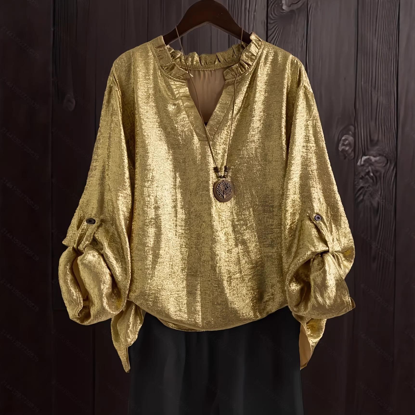 Casual Loose V-neck Pocket T-shirt Top for Women with Hot Stamping Design Large золотой