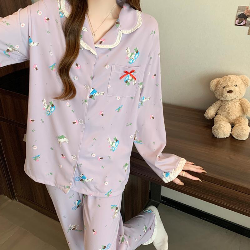 Spring and Autumn New Imitation Cotton Pajamas Women's Sweet Girls Rabbit Long Sleeve Homewear Taro Purple White Two-piece Set
