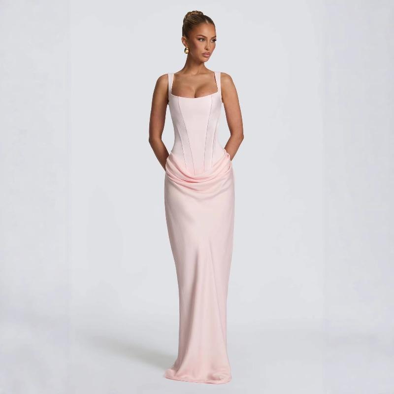 European and American Spring and Summer New Women's Clothing Fashion Solid Color Slim-fitting Waist Fold Hip-wrapped Temperament Suspender Dress Women