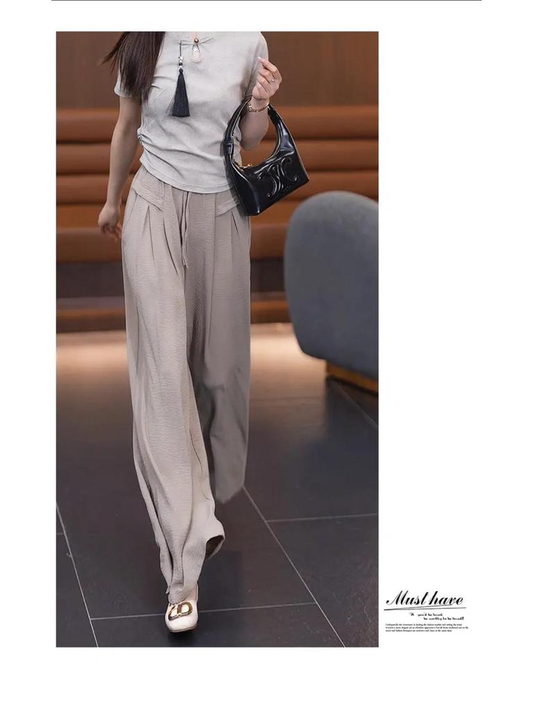 Plus Size Wide-Leg Ice Silk Culottes: Summer Women's Casual Drape Pants with Lazy Pleats