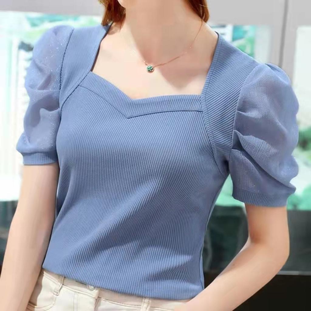 Women's V Neck Short Sleeve Modal Top Slim Fit Elegant Puff Sleeve T Shirt Summer