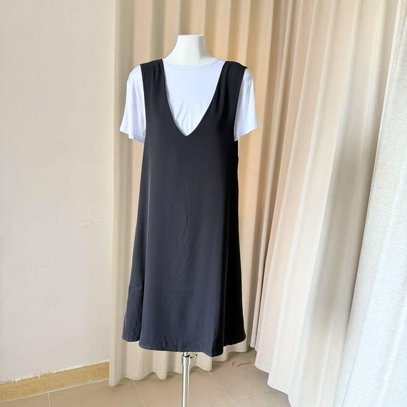 

Simple Style Smooth and Smooth Cotton Blend Vest Dress Large V-neck Sleeveless Dress Black M