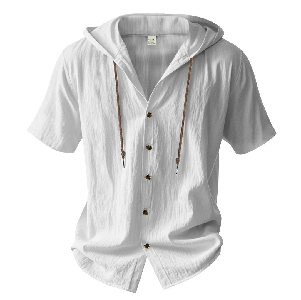 Summer Men's Lightweight Breathable Linen Loose-Fit Hooded Short-Sleeved Shirt