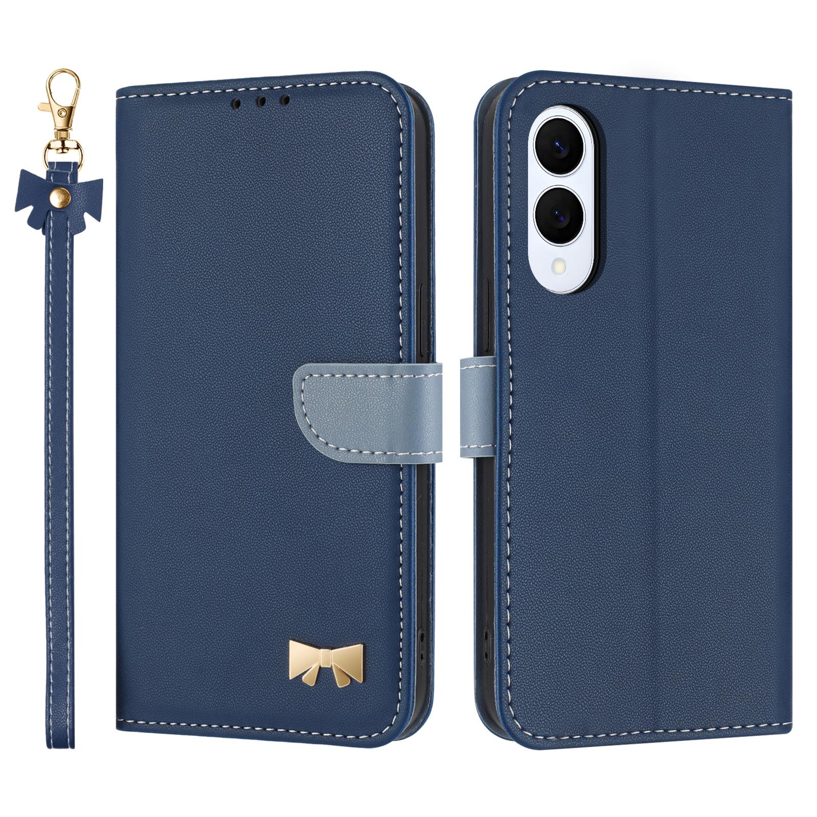 

For Samsung Galaxy S25 Edge Case Bowknot Decor Wallet Leather Phone Cover with Wrist Strap Dark Blue
