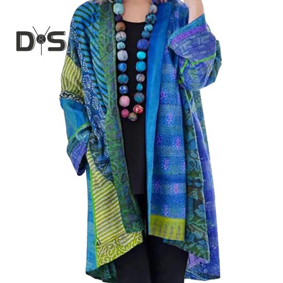 Women Coat with Pockets Colorful Printing Cardigan Long Sleeves Retro Ethnic Style Mid Length Loose Spring Autumn Jacket