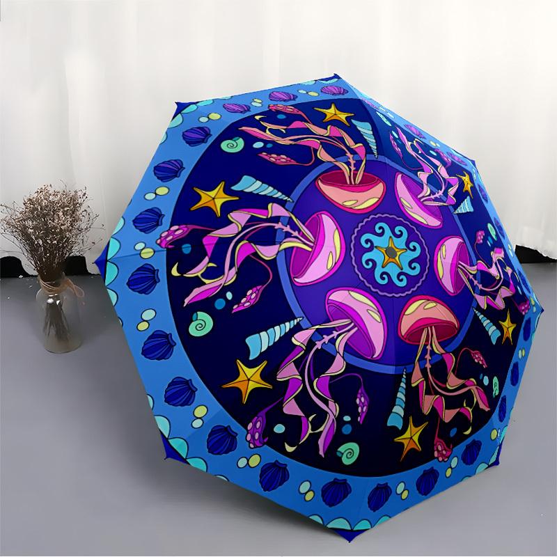 1pc Oceanic Mandala Auto-Fold Umbrella with One-Touch Open/Close - 8 Reinforced Ribs for Windproof Stability yy251118141