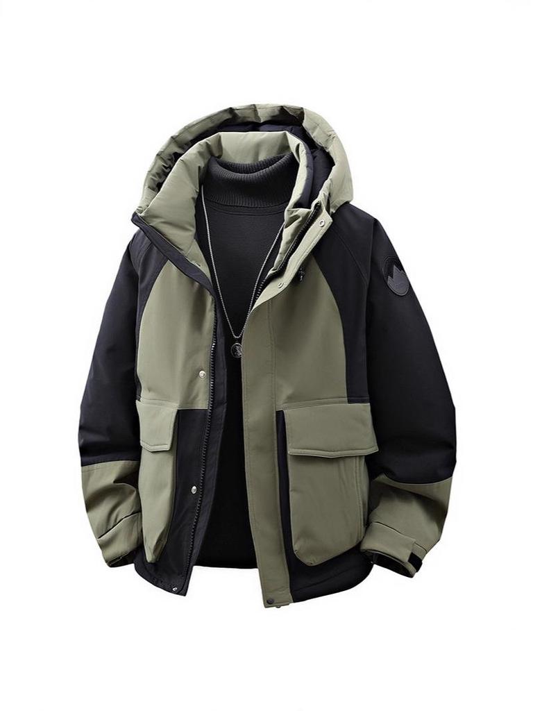Trendy Hooded Patchwork Down Jacket for Couples: Autumn/Winter, Two-Way Zipper, 90% White Duck Down, Fashion Forward