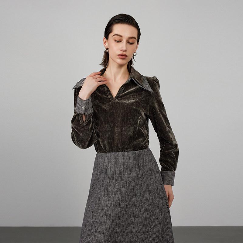 Women s Retro Gold Velvet Lapel Long Sleeve Shirt, Early Spring 2026, New Style, Slimming, High-End Commuting. XL