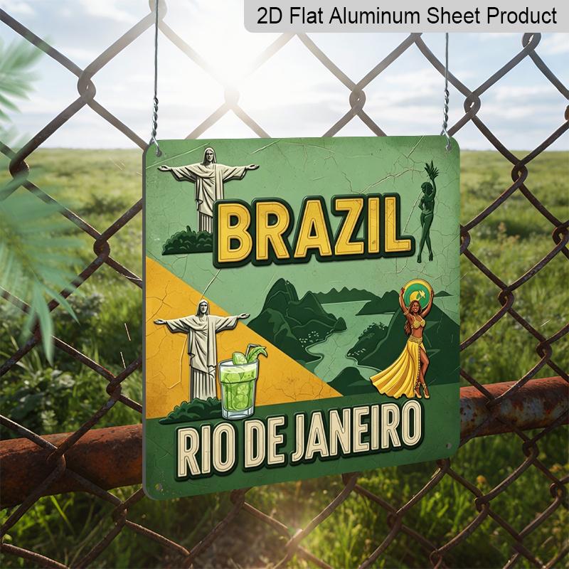 2D Flat - 1pc Brazil De Janeiro Vintage Square Aluminum Sign| South American Vintage Style, Entryway Decor and Themed Wall Decoration, Cultural