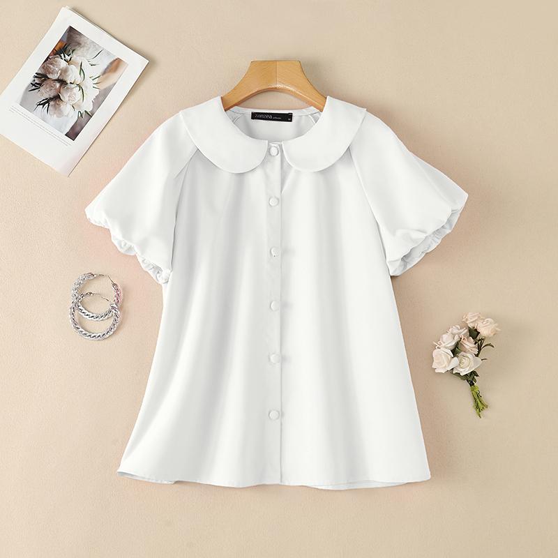 ZANZEA Women Casual Doll Collar Solid Color Short Sleeve Blouse