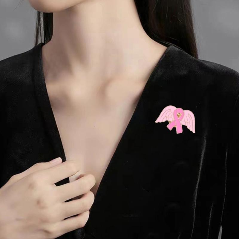 10Pcs Cancer Awareness Brooch Pink Alloy Ribbon Pin Wing Shape Brooches Lapel Pin with Back Clasp For Clothing Dress Bag
