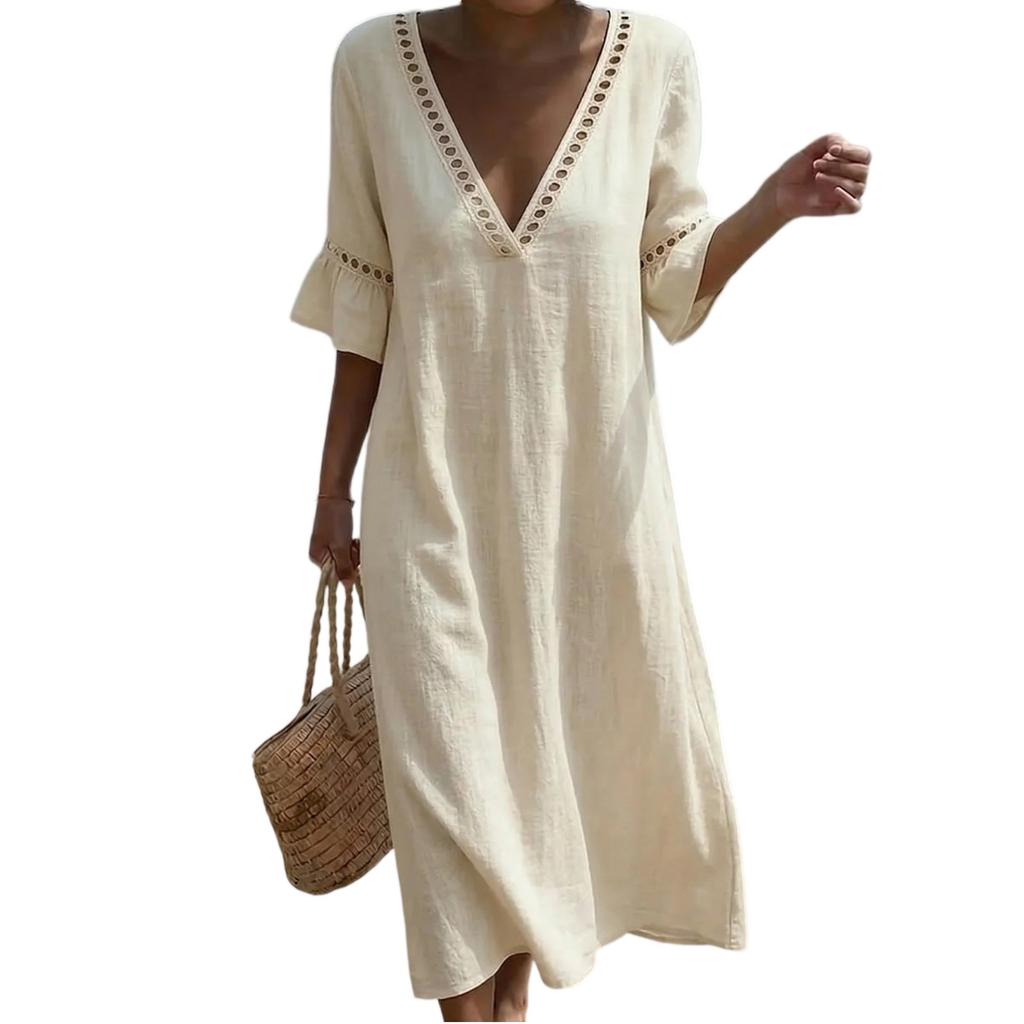 Women Summer Casual V Neck Solid Color Midi Dress Half Sleeve Loose Fit Lightweight Comfortable Linen Blend Dress for Daily Wear
