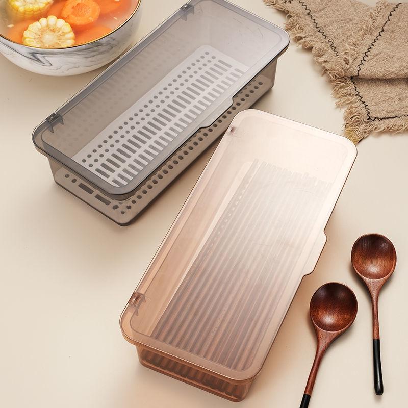Chopstick and Spoon Storage Box with Lid - Dustproof, Quick-Drying Basket for Kitchen Dining Room. Gray Chopstick Holder