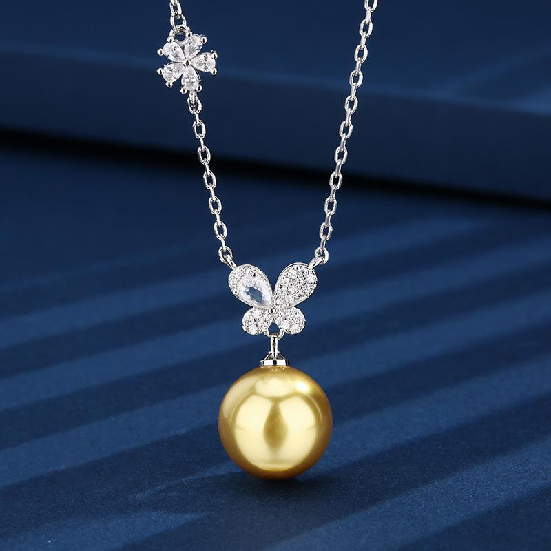 Autumn And Winter Jewelry Copper Bottom Gold-Plated Pearl Butterfly Necklace Premium Women'S Pendant 14Mm