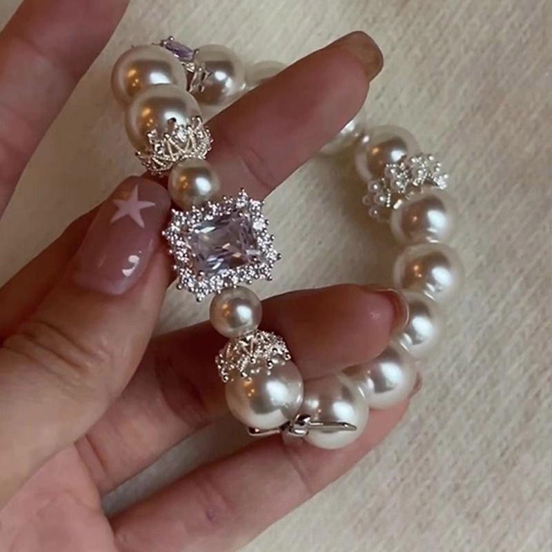 Brățară pătrată cu zirconiu perlat, cu mărgele în formă de inimă, brățară retro franțuzească de lux ușor, temperament rafinat, bijuterii high-end pentru femei