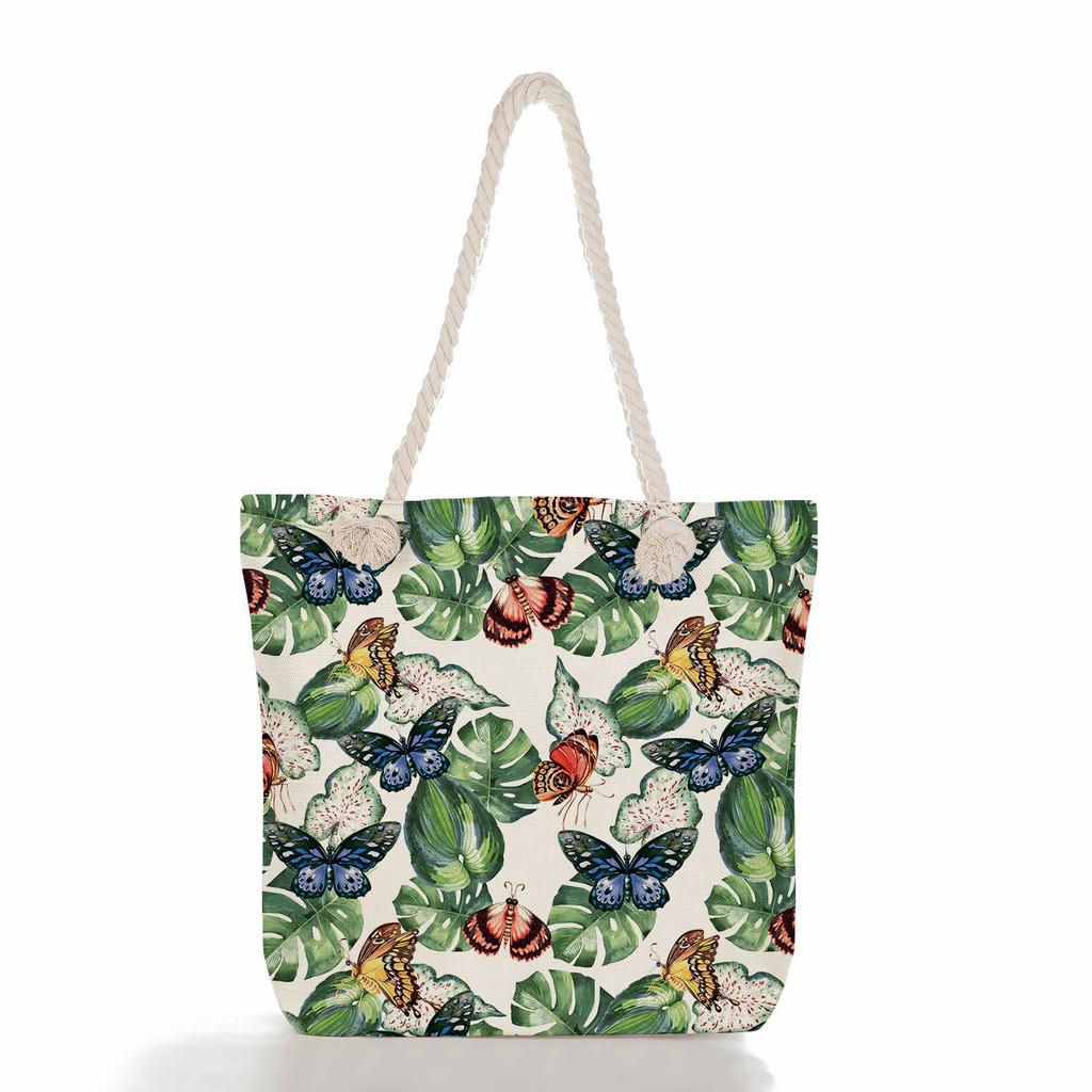 Multifunctional Flowers and butterflies Printed Thick Rope Shoulder Beach Bag Casual large capacity handbag 7615 KTB