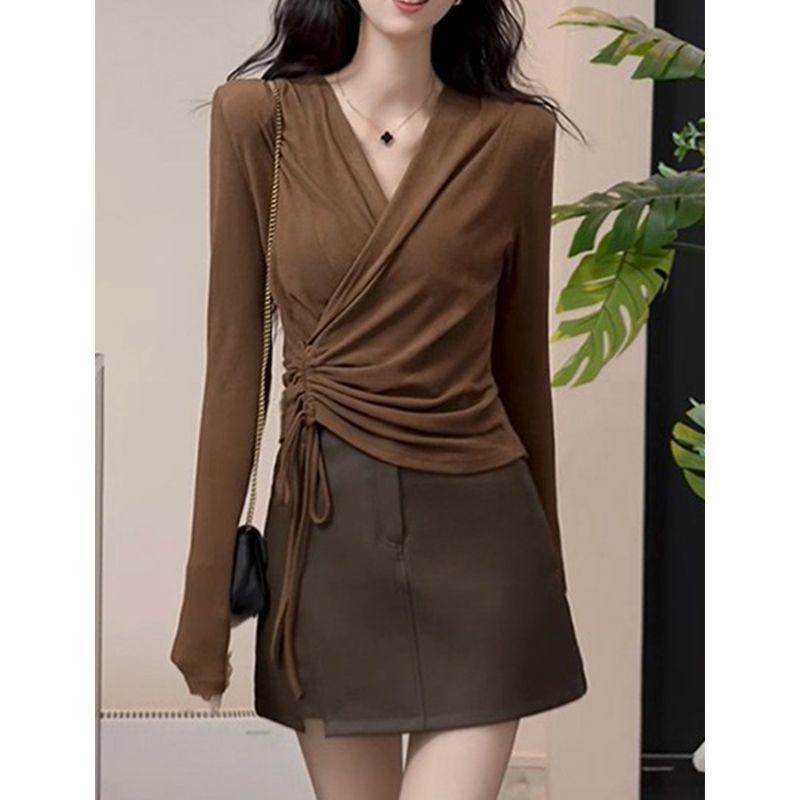 Plus Size V-Neck Long Sleeve Women's Slimming Loose Base Layer Top for Fall