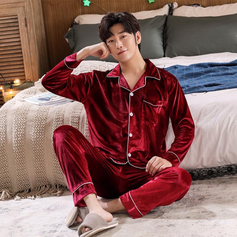 Couple's Gold Velvet Pajamas: Thin Fleece Two-Piece Set for Women & Men - Long Sleeve, Solid Color, Perfect for Spring & Autumn Homewear