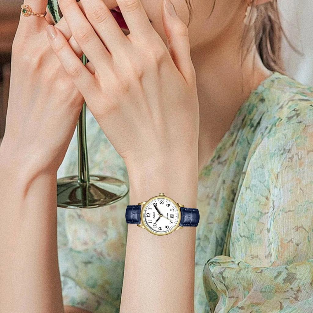 BUREI Analog Quartz Watch with Date Blue Leather Slim and Perfect for Casual and Business Perfect for and Celebrations Women's Display, Strap, Fit,