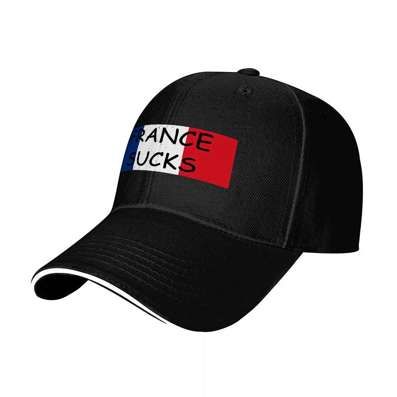 FRANCE SUCKS FLAG DESIGN BLACK BASEBALL CAP WITH BOLD STATEUnisexT AND TRICOLORE MOTIF FOR FASHIONABLE STREETWEAR LOOK