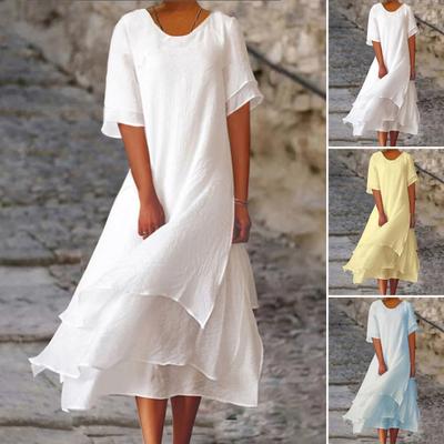 Women Midi Dress Round Neck Short Sleeve Multi-Layered Slit Hem Solid Color Dress Loose Fit Dress