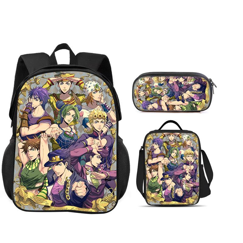 JoJo's Bizarre Adventure 3er Set Rucksack Federmäppchen Eisbeutel Langlebig Trendig Vielseitig Schuljunge und Mädchen Geburtstag Bestes Geschenk