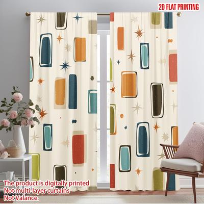 2pcs,2D Plane Printing Minimalist Curtains Retro Squares Polyester (without Rod) Gifts Ldeal for Bedroom Office Kitchen Living
