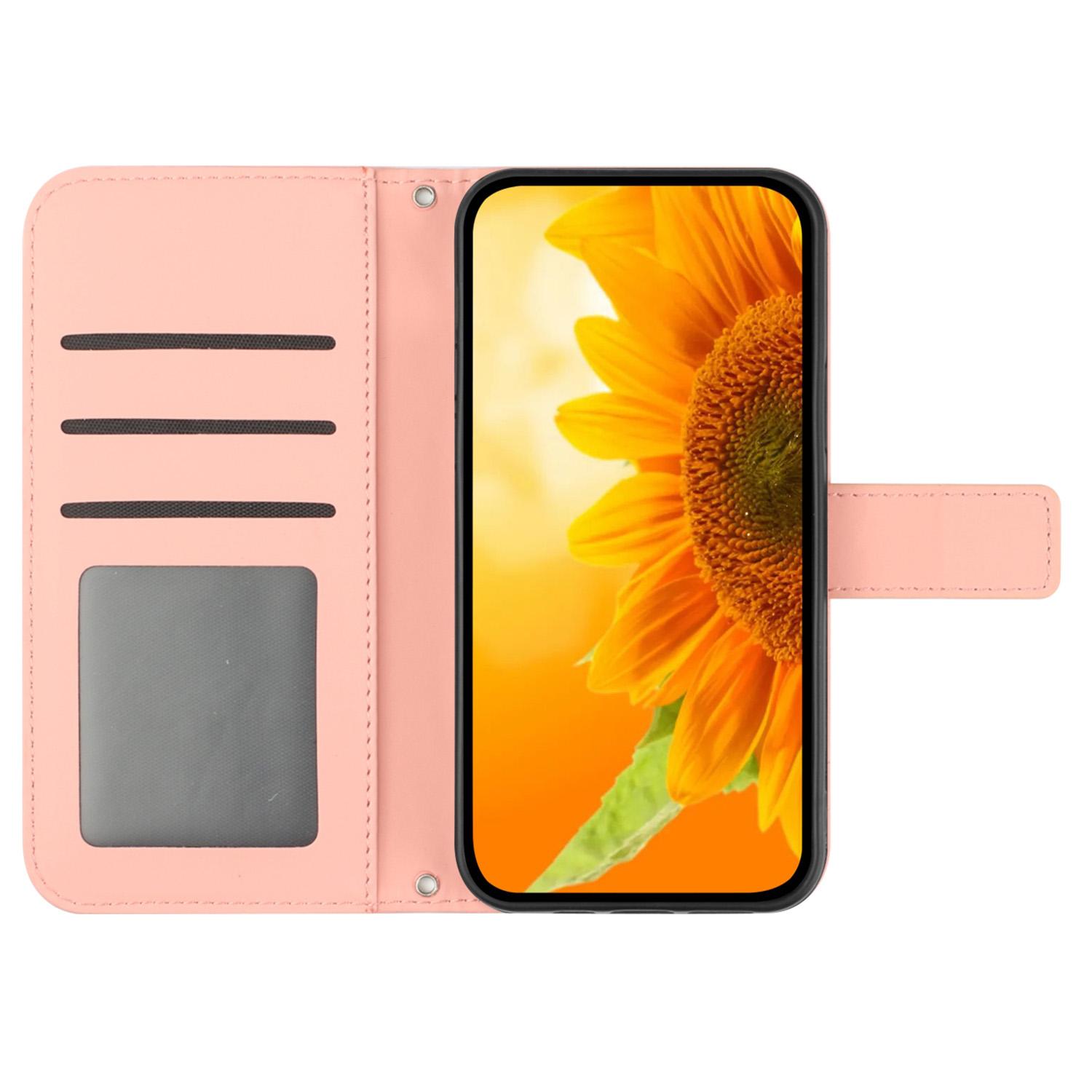 

HT04 For Samsung Galaxy A35 5G Phone Case Wrist Strap Wallet Sunflower Cover Pink