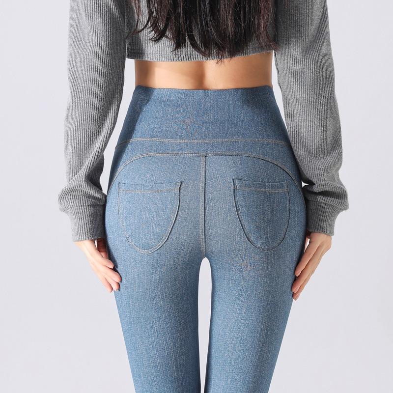 

Леггинсы длиной до щиколотки для женщин, для ношения осенью и зимой, бархатные эластичные с высокой талией и карманами, утягивающие живот и бедра, для йоги, имитация денима XL