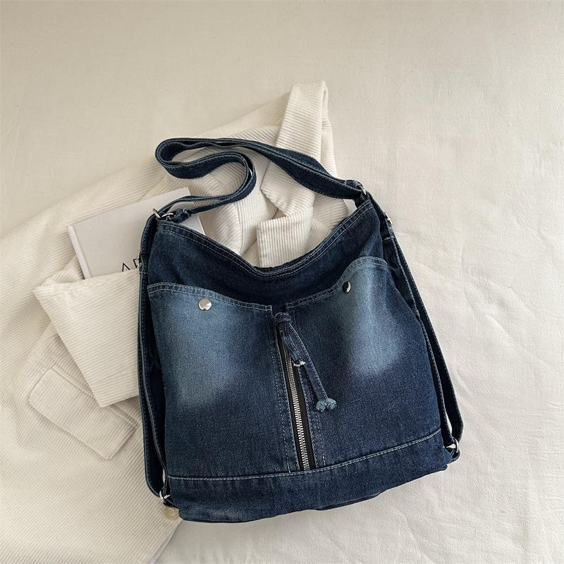 Vintage Denim Hobo Bag, Large Capacity, Zipper Decor, Adjustable Strap, 3-in-1 Shoulder Crossbody Backpack For Women