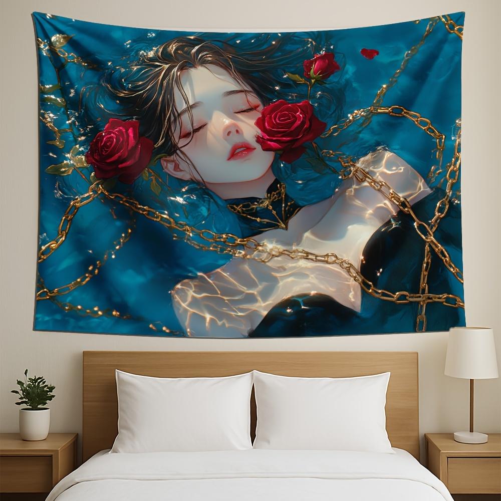 

Enchanted Woman Tapestry Red Roses Golden Chains Ethereal Water Whispering Wind for Dreamy and Mystical Home Decor 74x94cm(29x37in)