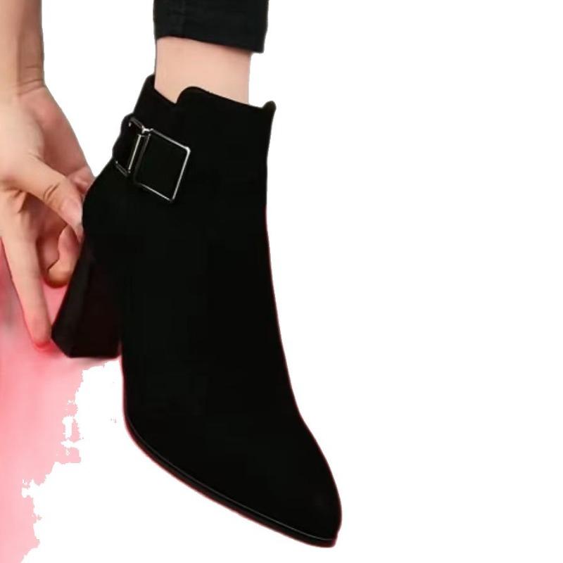 New Pointed-toe Chunk-heeled Ankle Boots, High-heeled Boots and Women's Shoes